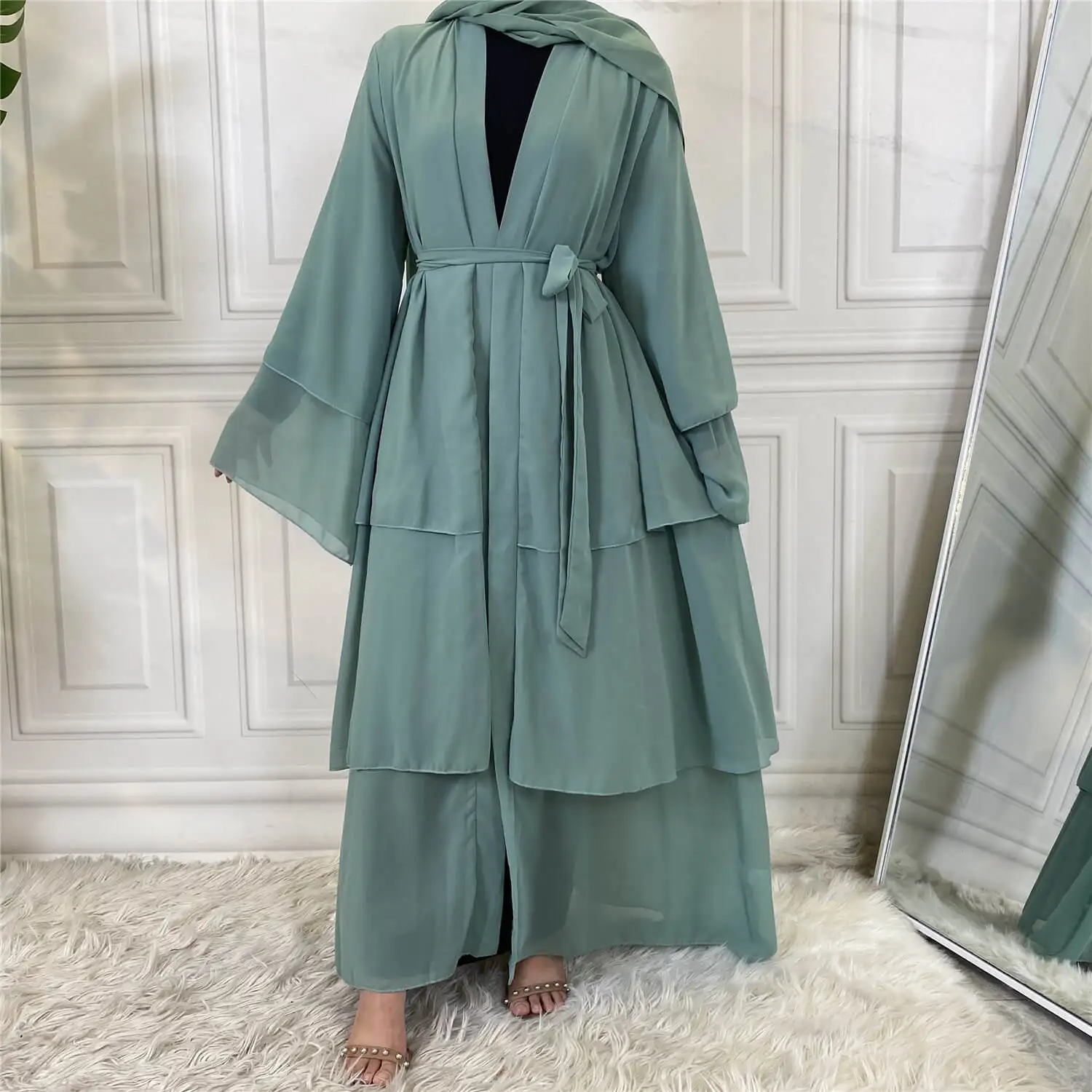 Eid Abaya Dubai Turkey Solid Color 3 Layer Chiffon Open Abaya Kimono Kaftan Cardigan Muslim Dresses For Women Islamic Clothing