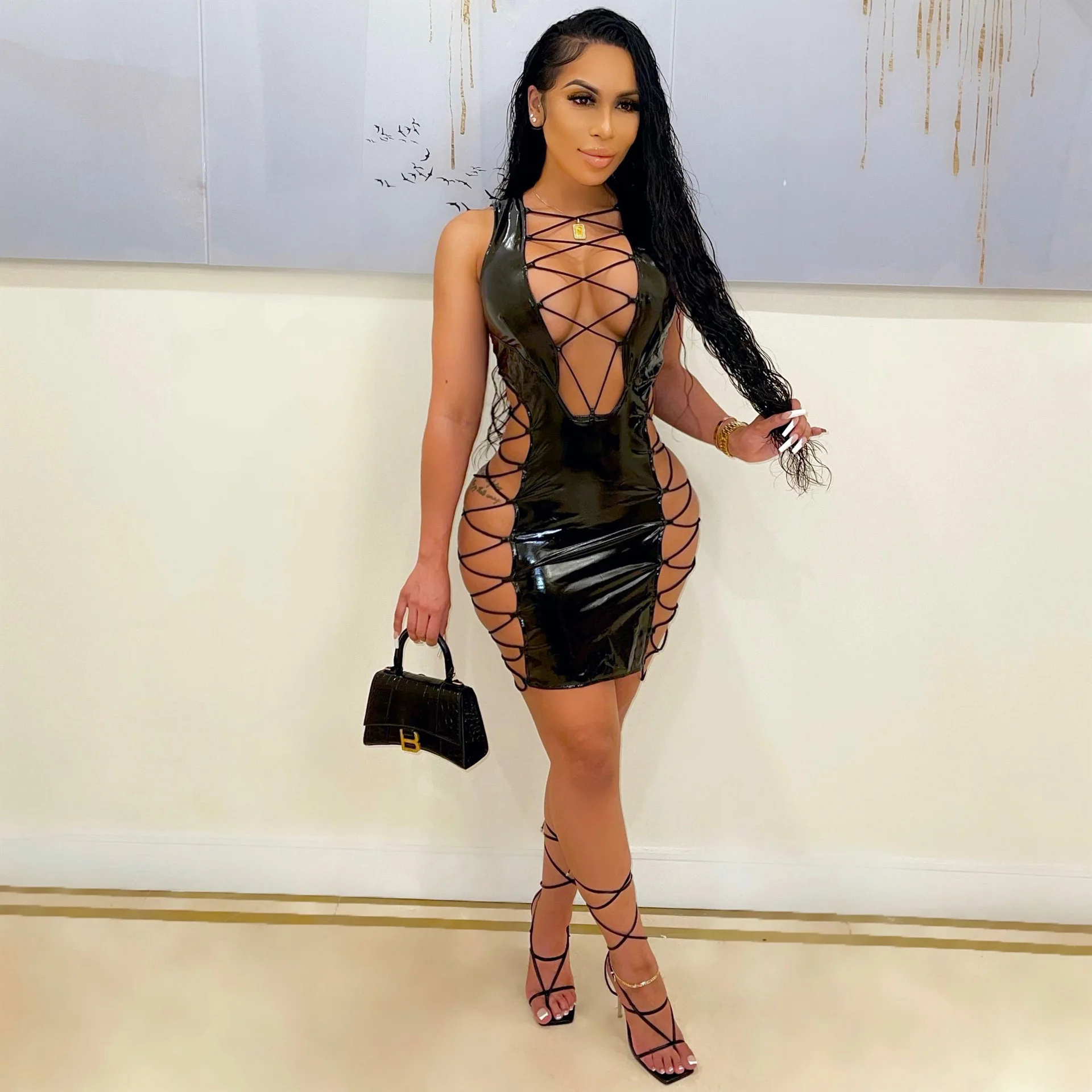 2022 Summer Hollow Out Style Dress Women Elegant Club Cheap Dress Plus Size Lady Fashion Skirt Sexy Leather Sleeveless Dresses