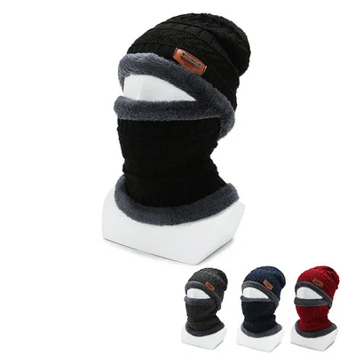 2-pieces neck cover mask beanie hat with matching scarf attached mens thick fleece facemask knit winter hat with scarf set