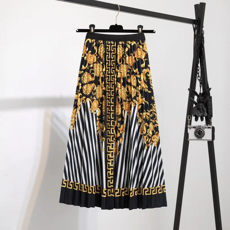 
2021 New printed skirt women elastic waistband midi length pleated skirt 