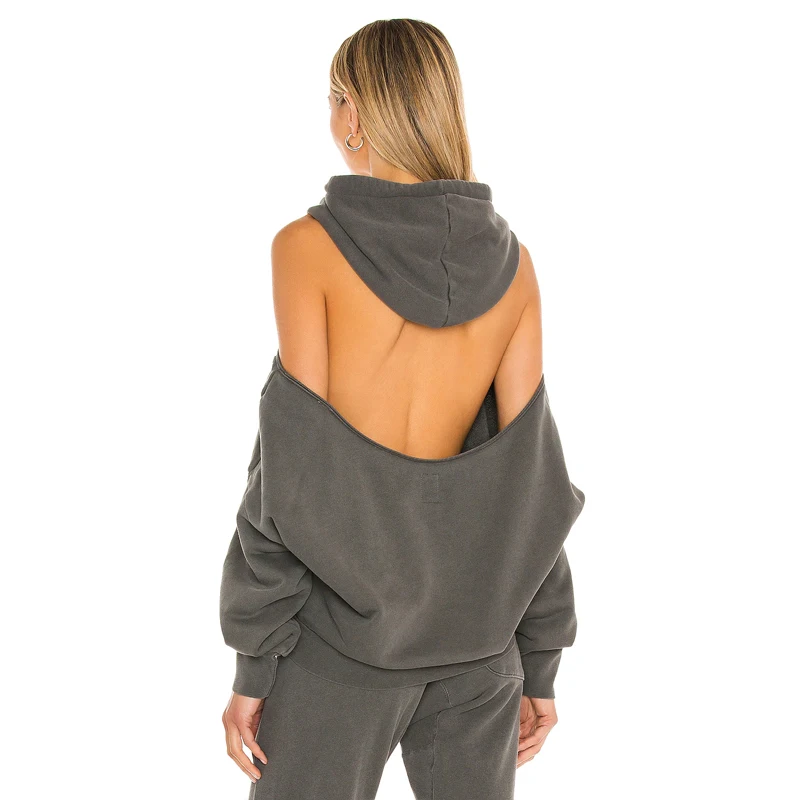 Custom women casual  fashion street high quality wear sexy cut out off shoulder Ribbed long sleeves cuffs hoodie