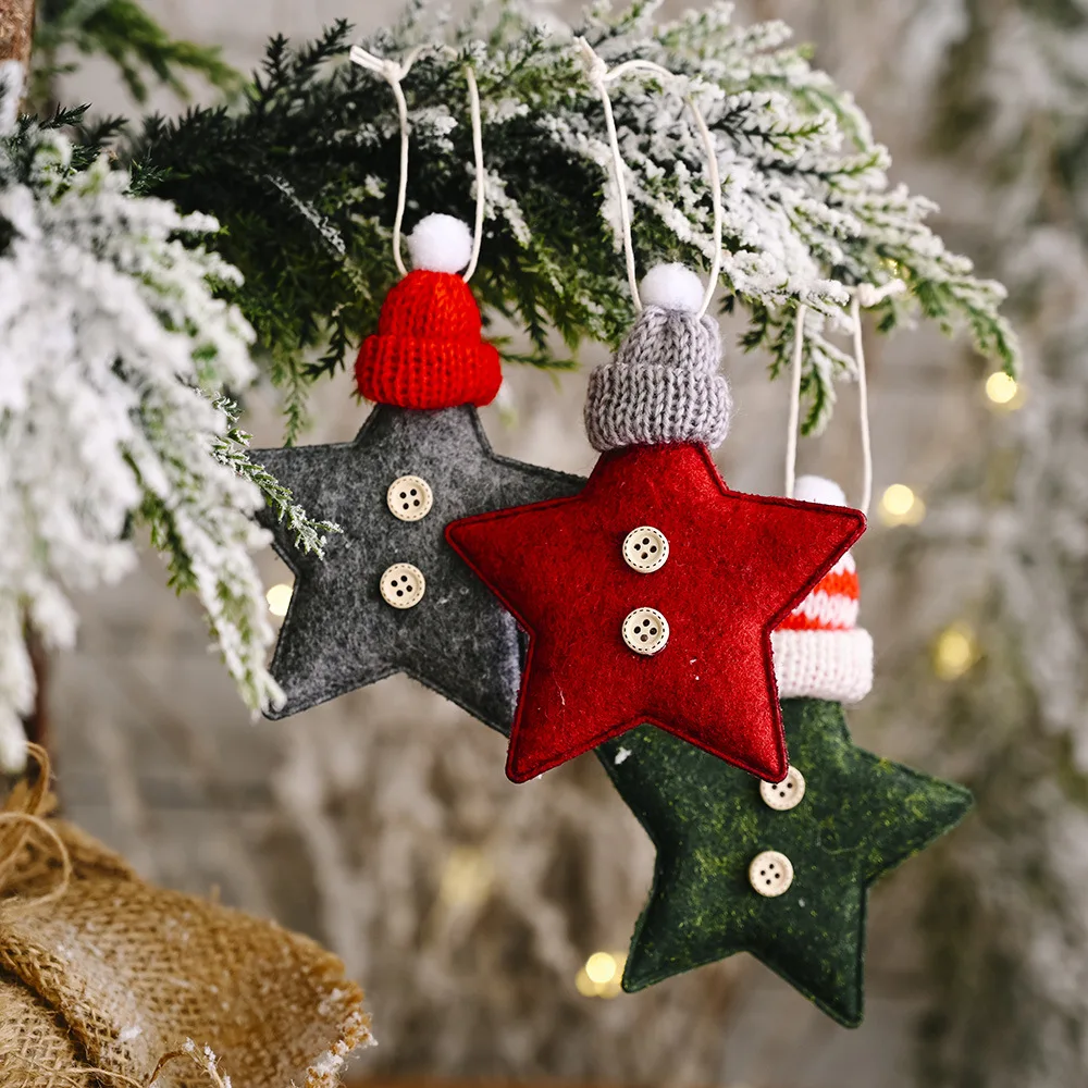 Knitted Hat Five-pointed Star Pendant Creative New Red Tree Christmas Felt Pendant Children DIY Handmade Felt Xmas Decoration