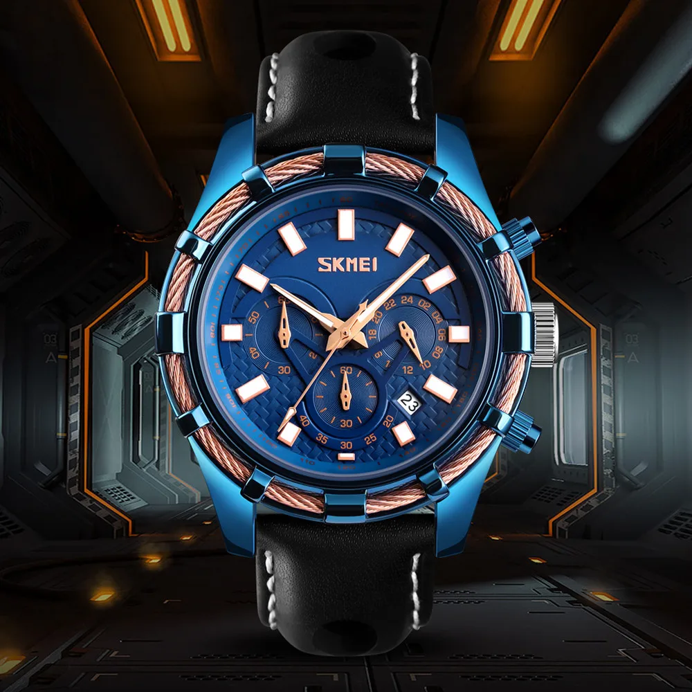 best selling SKMEI 9189 genuine leather men quartz watches with chronograph