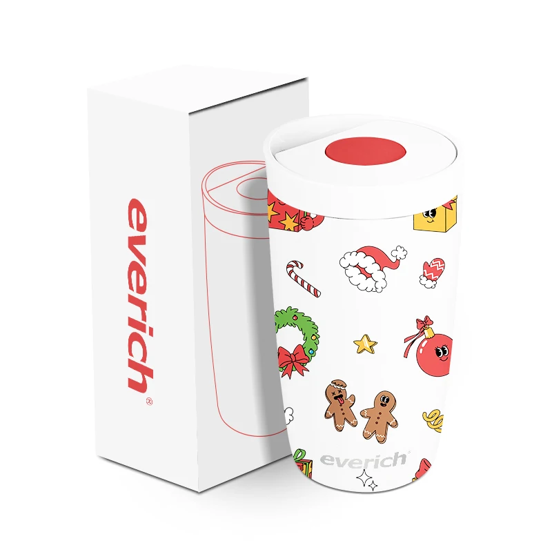 Christmas Style Portable Leak Proof Thermo Coffee Mug Vacuum Stainless Steel Button Lid Coffee Mug 12 Ounce