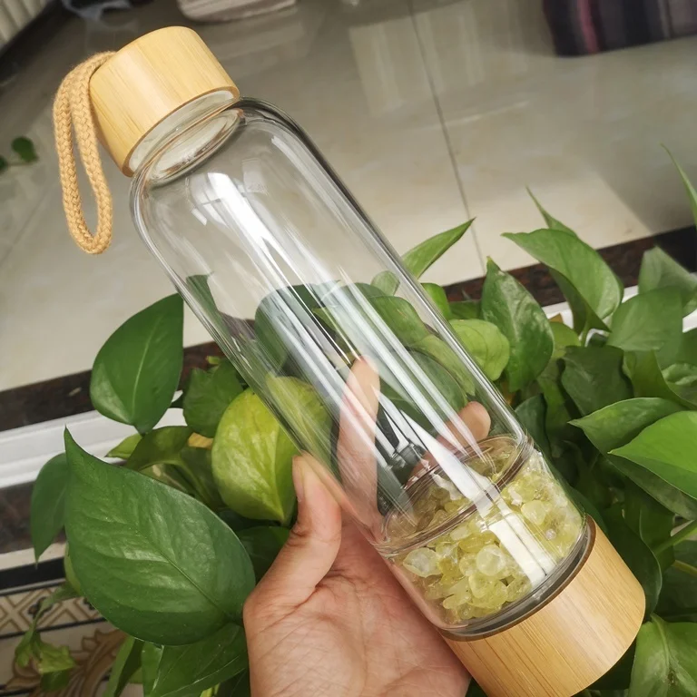 Wholesale Natural Crystal Energy Water Bottle Infused Gemstone Glass Bamboo Crystal Bottle