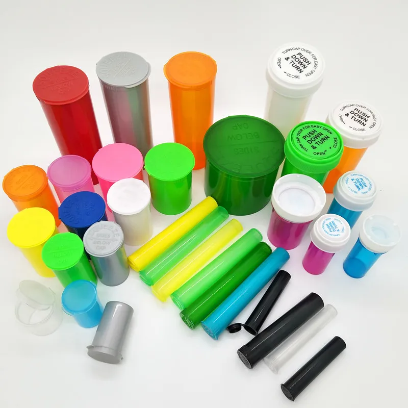 Plastic reversible vials or pill bottles or child resistant dram vials