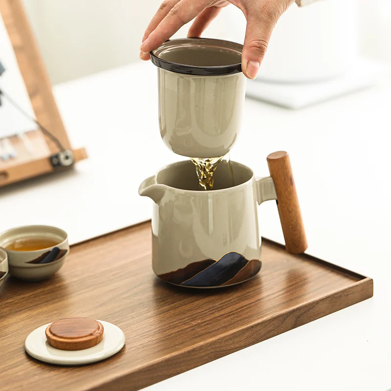 Chinese Grey Porcelain Travel Tea Set Portable Quick Cups with Infuser One Pot Three Cups for Outdoor Coffee