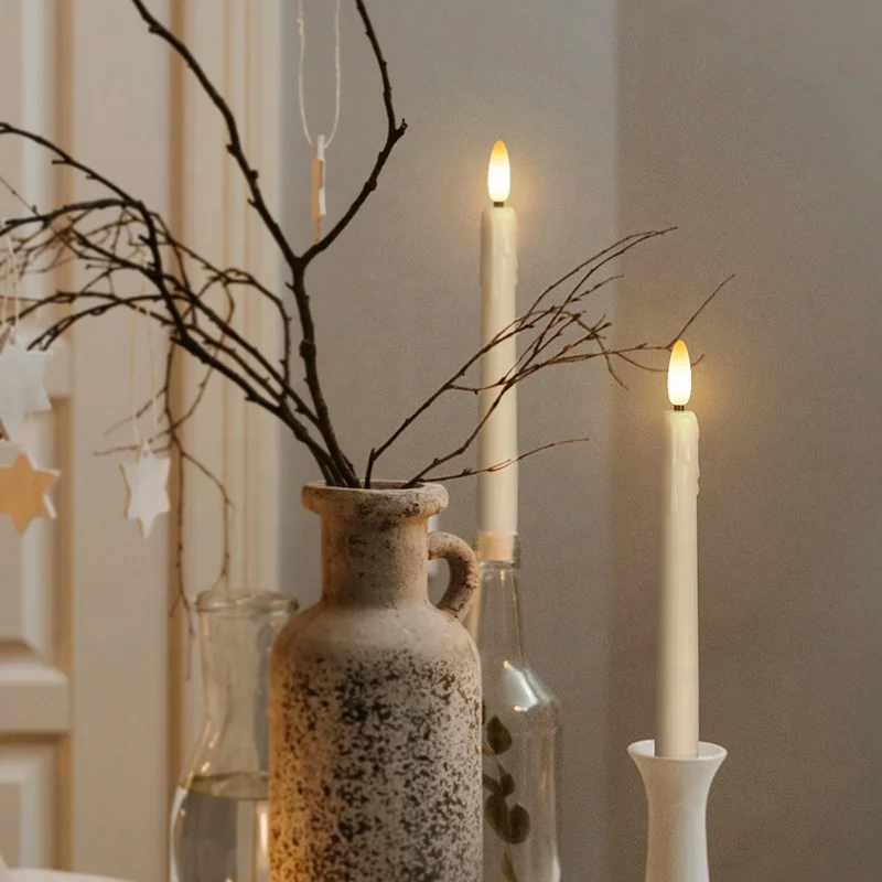 Set Of 3 pcs FREEPOWER Wedding Birthday Decoration  White Plastic Battery Operated Tear Long Led Taper Candle