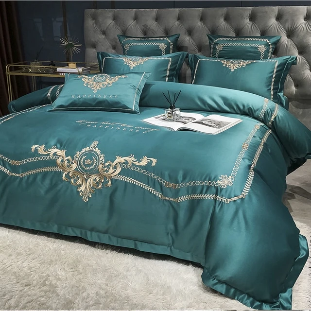 EUROPEAN STYLE LUXURY EDGE GREEN SILK COTTON  EMBROIDERED BEDDING SETS QUILT COVER