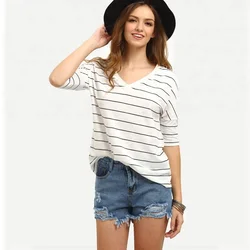 Ladies V Neck Stripe Elbow Half Sleeve T-Shirt