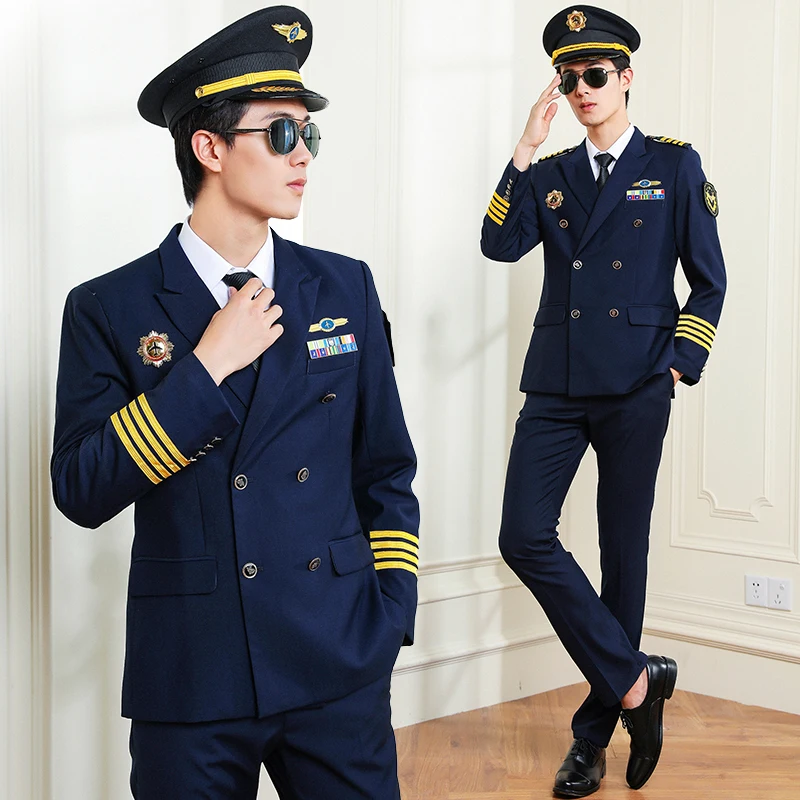 Navy Blue Double Breasted Airline Flight Attendant Aviator Pilot Jacket Suits Airline Pilot Uniforms