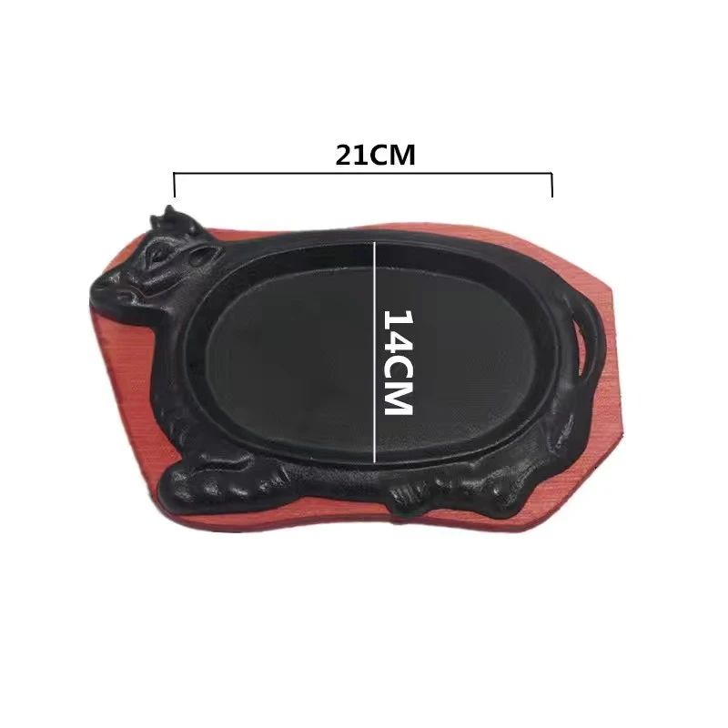 China Casting Foundry Wholesale Cast Iron Cow Shaped Sizzle Plate With Wood Base