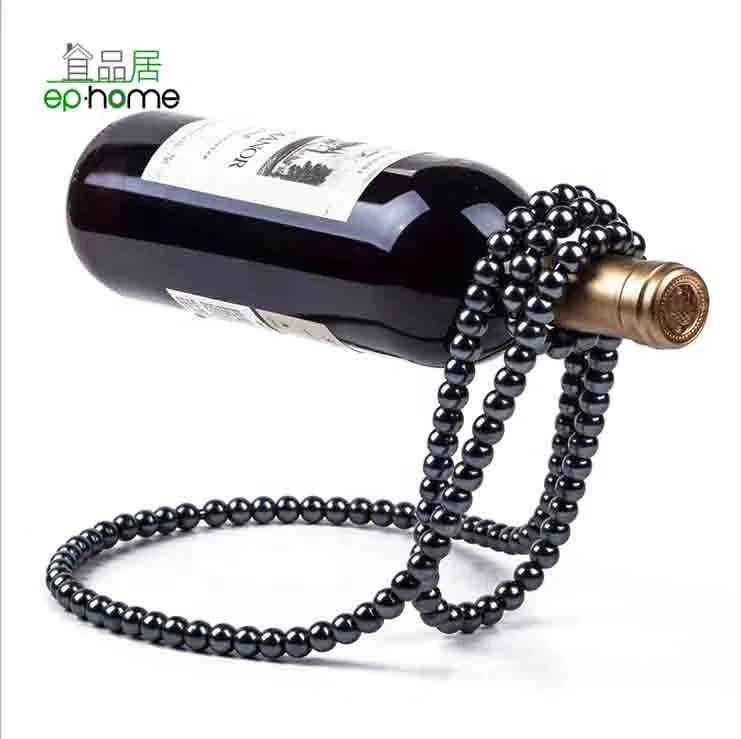 
Luxury vintage floating black gold white pearl chain suspension necklace wine bottle rack/holder gift craft Bar Home Decor 