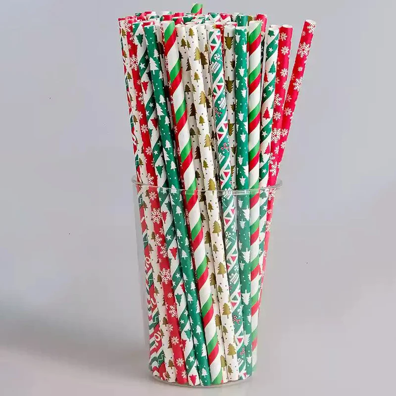 Wholesale custom printed Food Grade Disposable Colorful Striped Paper Drinking Straw Christmas Paper Straws