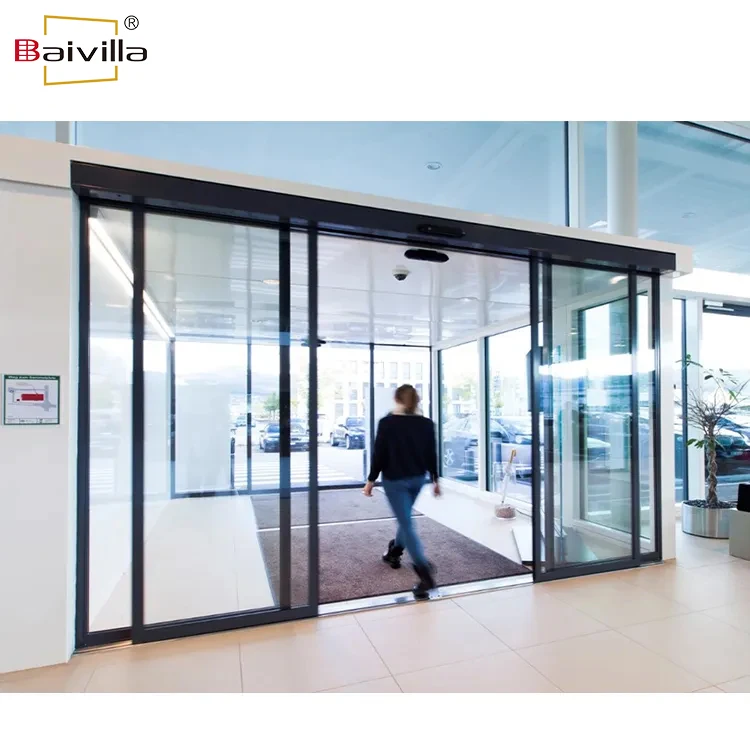 Exterior auto open close slide doors design modern commercial tempered glass smart automatic sensor sliding door system