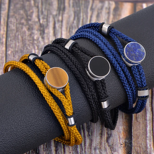 Wholesale Custom  men Jewelry  stainless steel Natural Stone woven hand   rope multicolor men bracelet