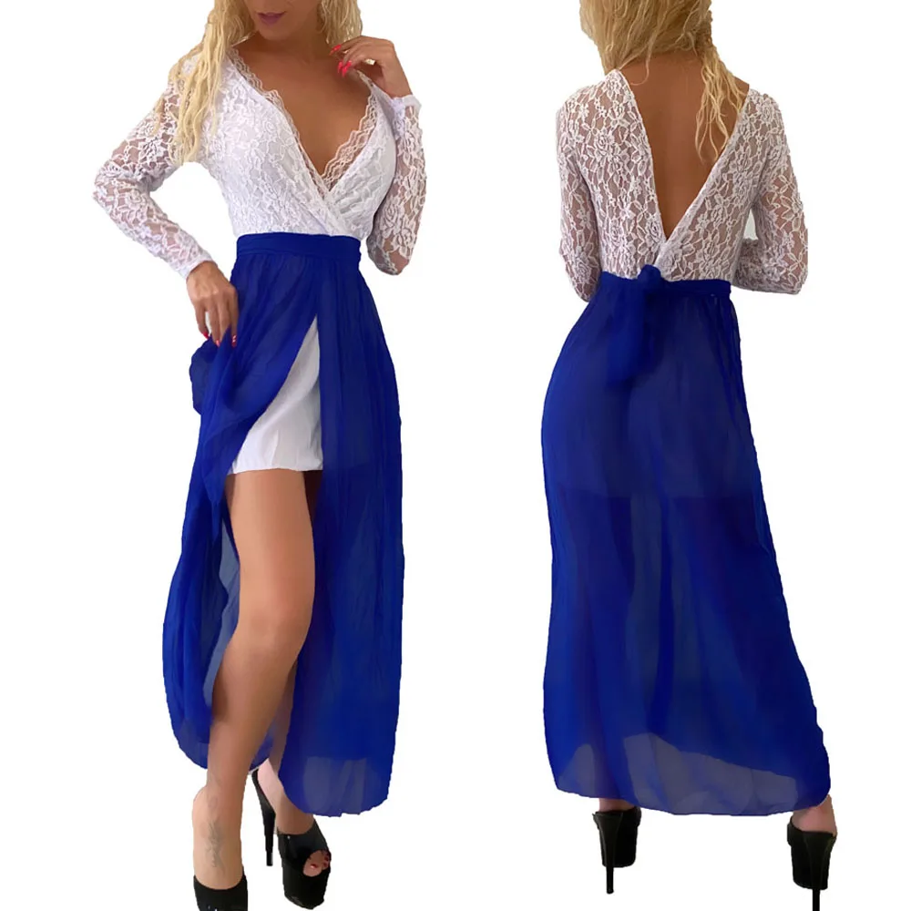 
WONDER BEAUTY Long Sleeve Transparent Maxi Dresses Women Summer Hollow Out Lace Dress Elegant Embroidery Long Party Dress 