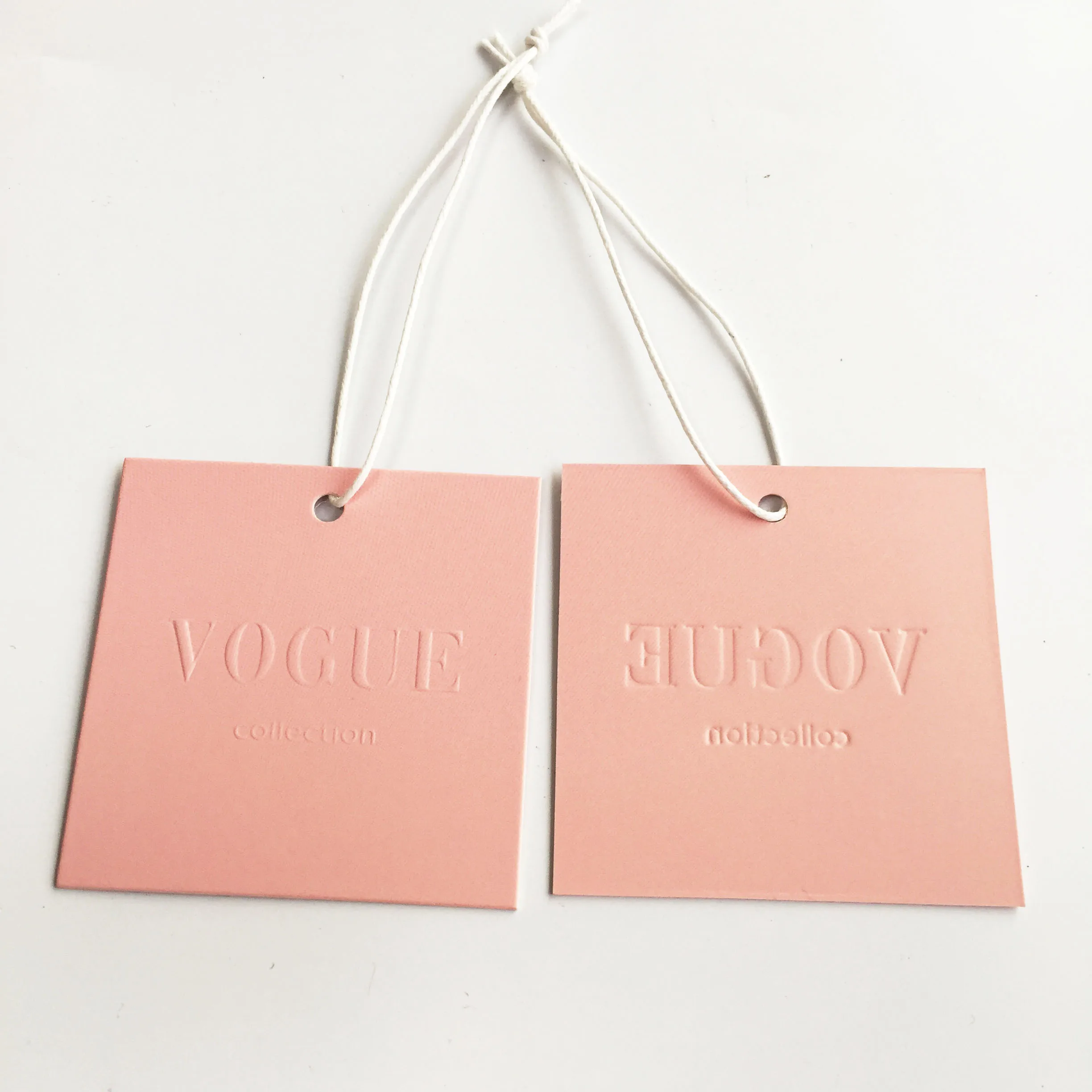 Custom Embossed Brand Logo Eco-friendly Pink Paper Garment Shirt Shoes Bags Swing Hang Tag for Clothing