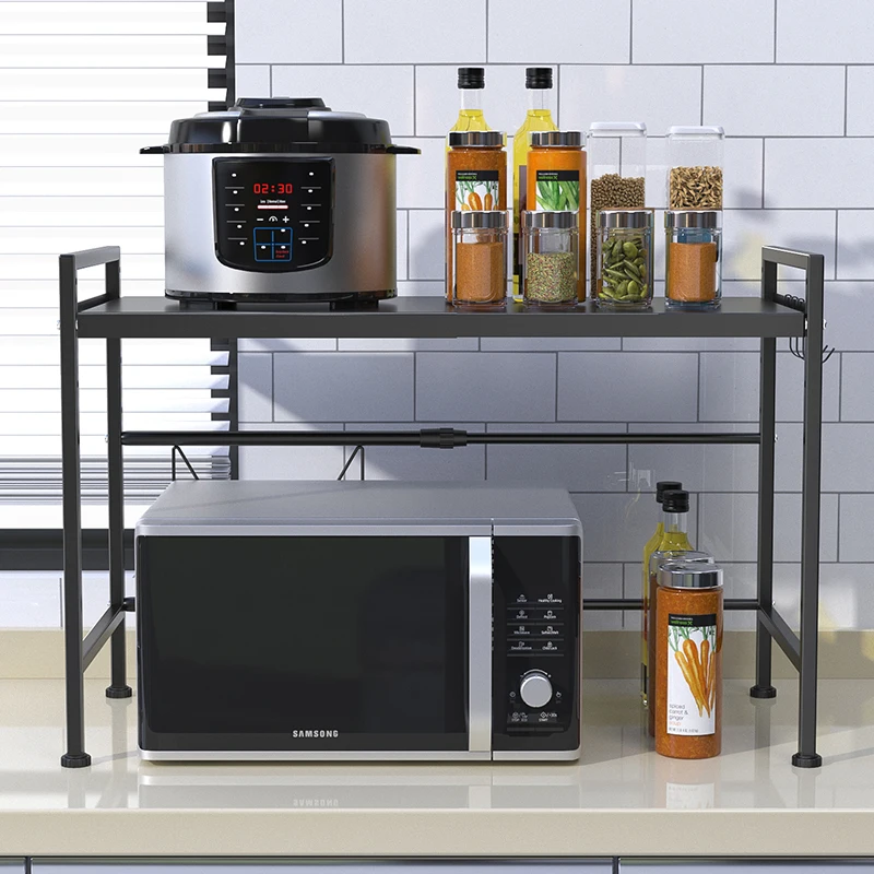 Black and white color simply design 2-tier kitchen shelf  adjustable width and height Metal Microwave Oven Rack Shelf