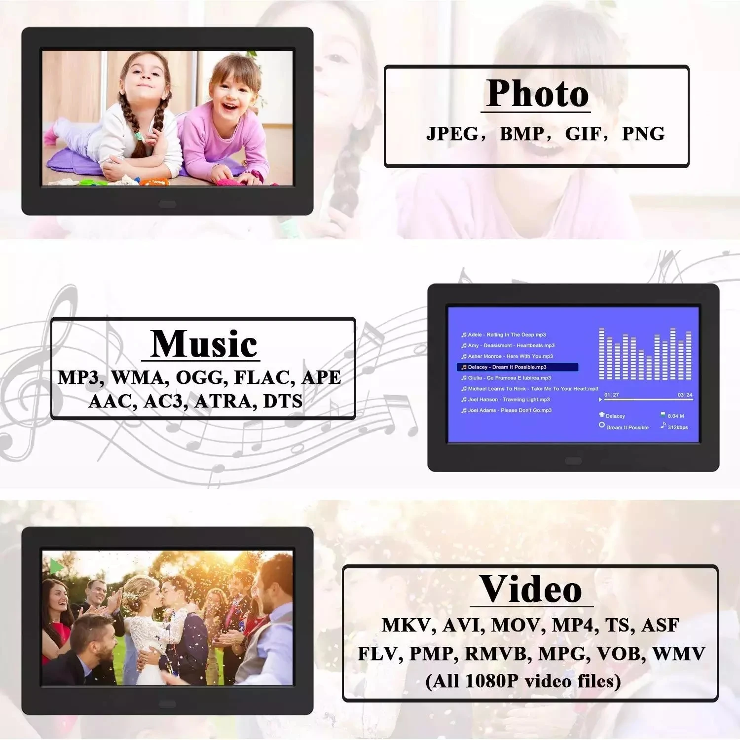 Support SD&USB Digital Photo Frame, 13-inch Digital Photo Frame with 1080P Video/Music/slideshow/Photo Deletion