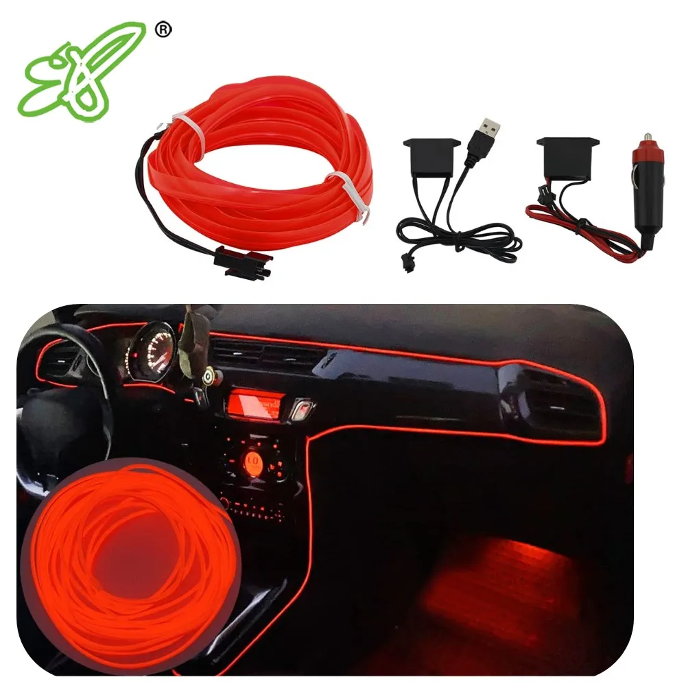 Car Interior EL Wire Ambient LED Light Strip Auto Flexible Atmosphere Neon Tube Soft USB Lamp Lighting Strip Rope Tape Light