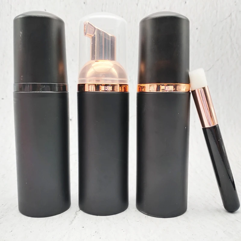 matte black aluminum oil free vegan lash bath shampoo bottle and box custom logo with brow brush kit foaming pump hand soap