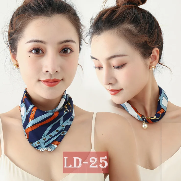 Silk Scarf Necklace Pearl Pendant Decorative Small Square Fashion Choker Collarbone Chain Magnetic Clasp Print Scarf