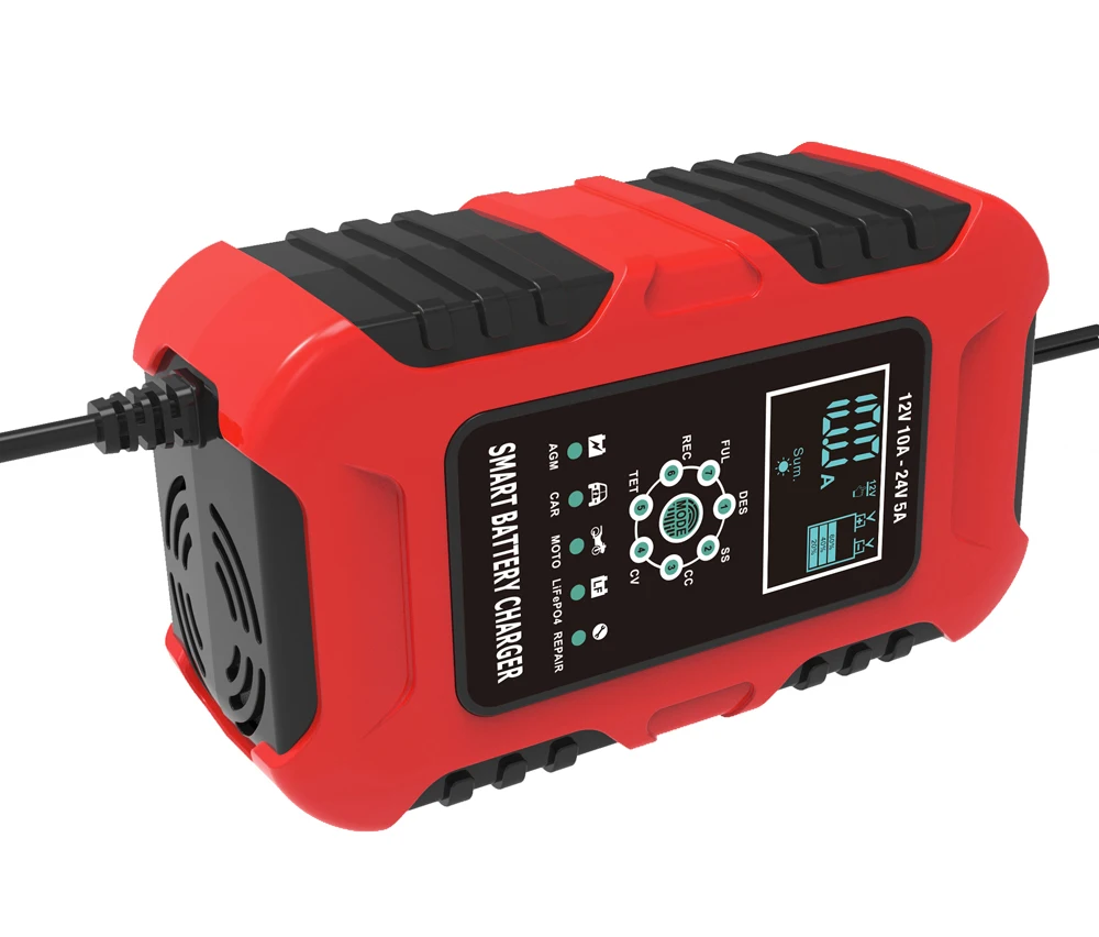 Foxsur 12V 24V 10A 7-Stage Full Automatic Car Battery Charger LCD Display for Truck Car Motorcycle LiFePo4 AGM GEL WET Lead Acid