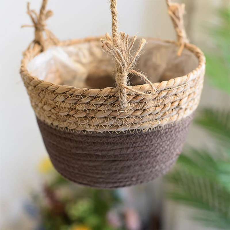 Natural Straw Woven Hanging Planter Baskets Garden Potted  Hanging Vase Large Capacity Rattan Basket Hand Woven Plant Holder