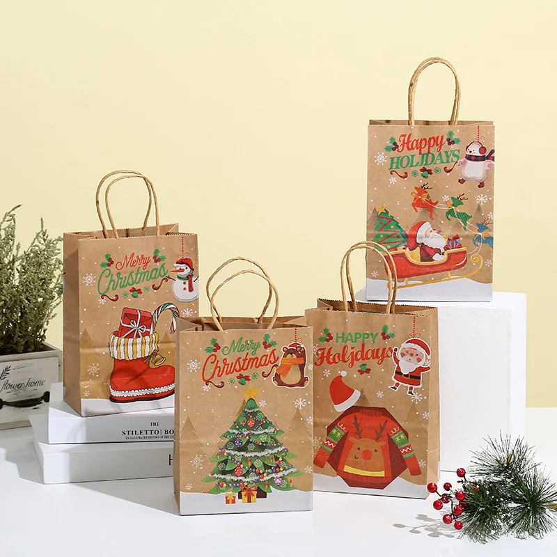 Xmas Party Favors Handbags Candy Gift Packaging Holiday Treat Box Customized Luxury Bulk Kraft Paper Christmas Gift Bags