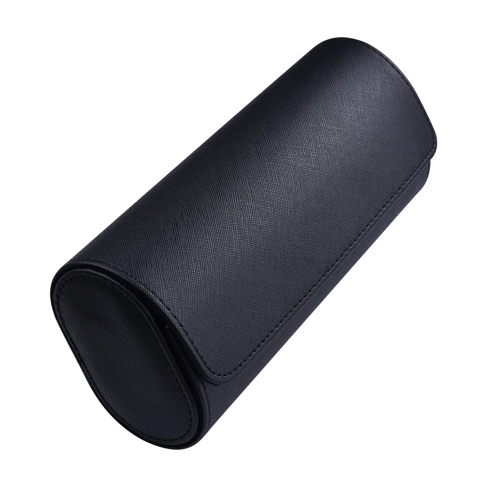 Juelong Black Saffiano Watch Roll Genuine Leather Travel Watch Roll Case For 3 Watches