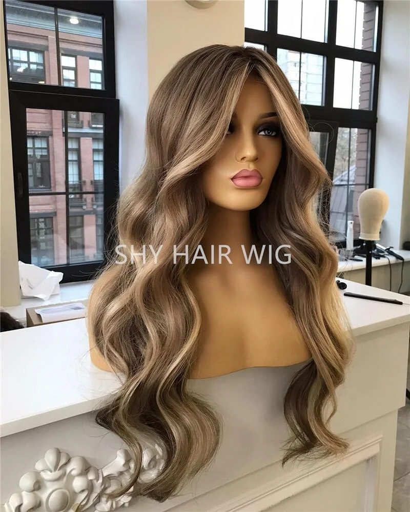 Natural Ginger And Blonde Human Hair Wig Perruque De Cheveux Peruviens Body Wave Blonde Highlight With Bleached Knots