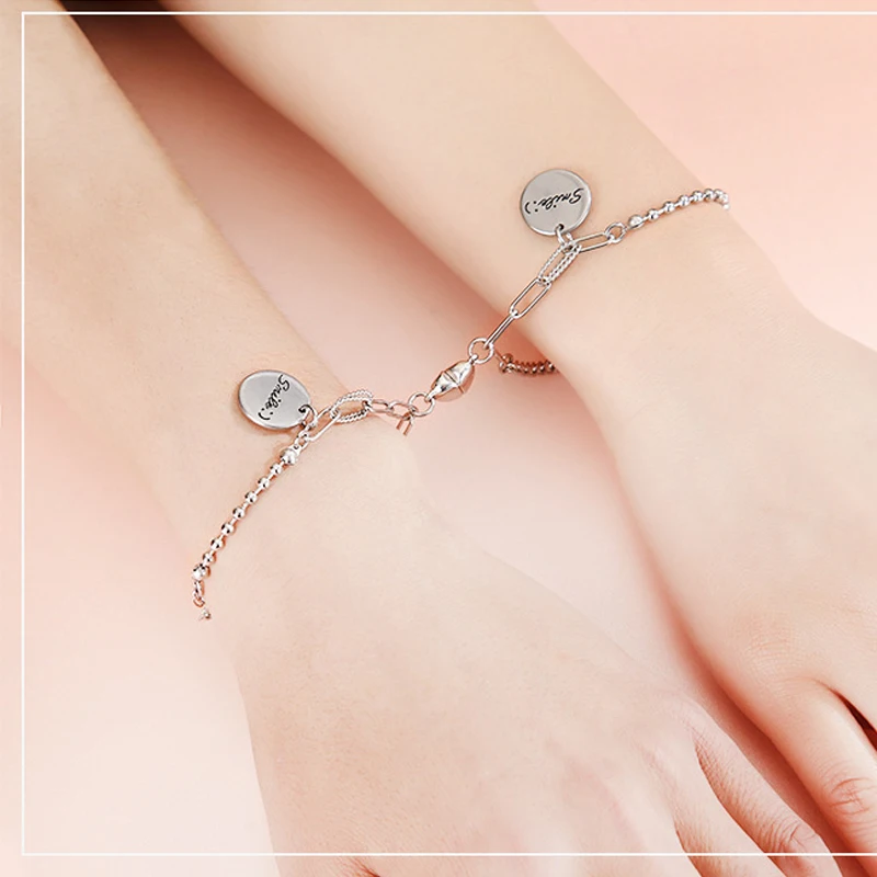 2pcs/set Fashion Stainless Steel Split Heart Magnetic Attracting Splicing Romantic Bead Chain Couple Bracelet For Woman