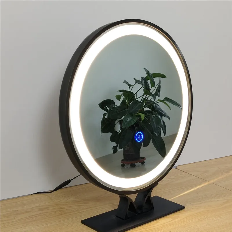 custom modern round defogging illuminated touch screen control smart led makeup wall hanging mirror With frame with base miroir