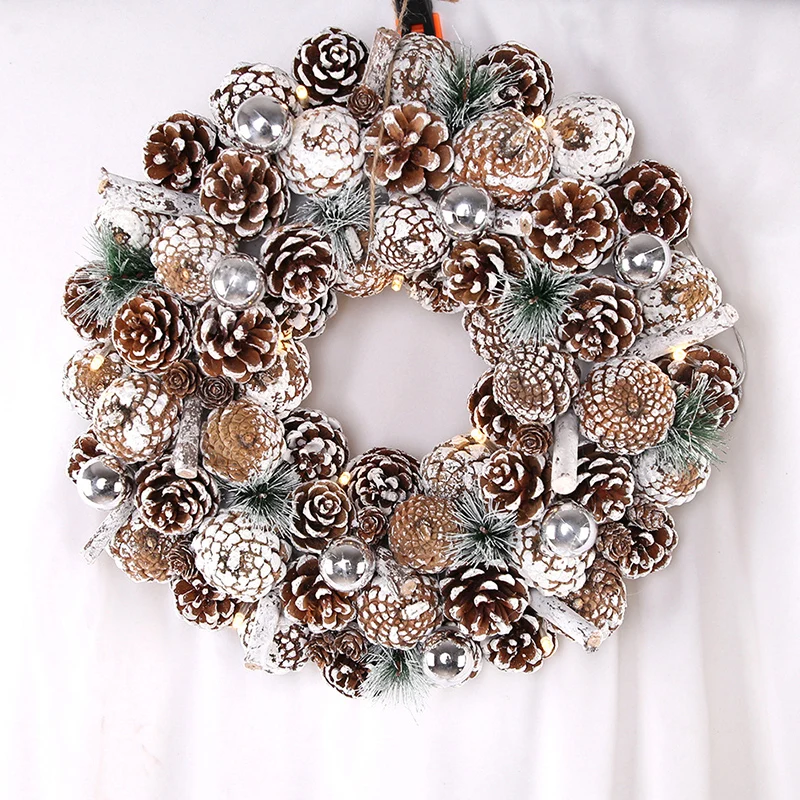 Christmas Light Wreath for Front Door Decoration with Ball Ornaments Poinsettia Flowers Pine Cones for Festival Party