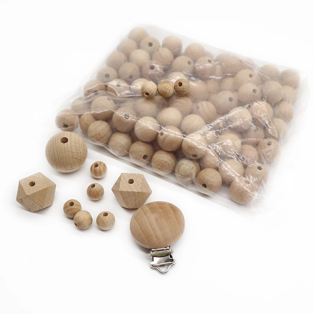 Eco-friendly Natural and beech hexagon wood beads for wooden silicone pacifier clip