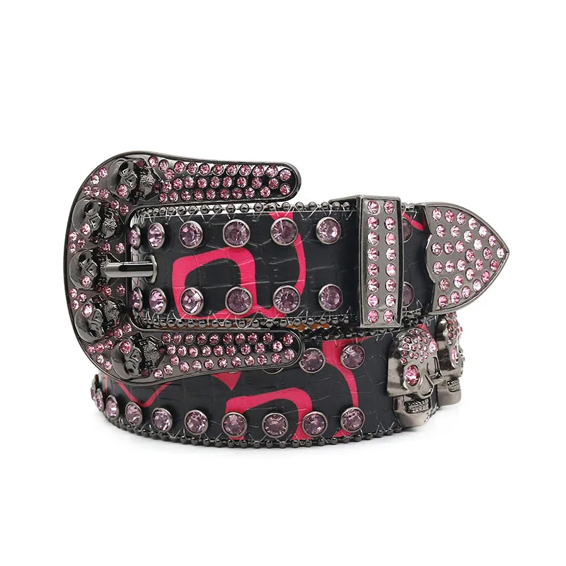 Original Design Colorful Rhinestone Ladies Skull Inlaid Alligator Pu Leather Western Belts for Men