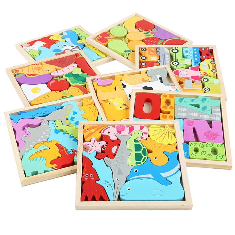 Wooden puzzles for kids Creative DIY building blocks paired with cartoon animal 3D jigsaw puzzle early education enlightenment