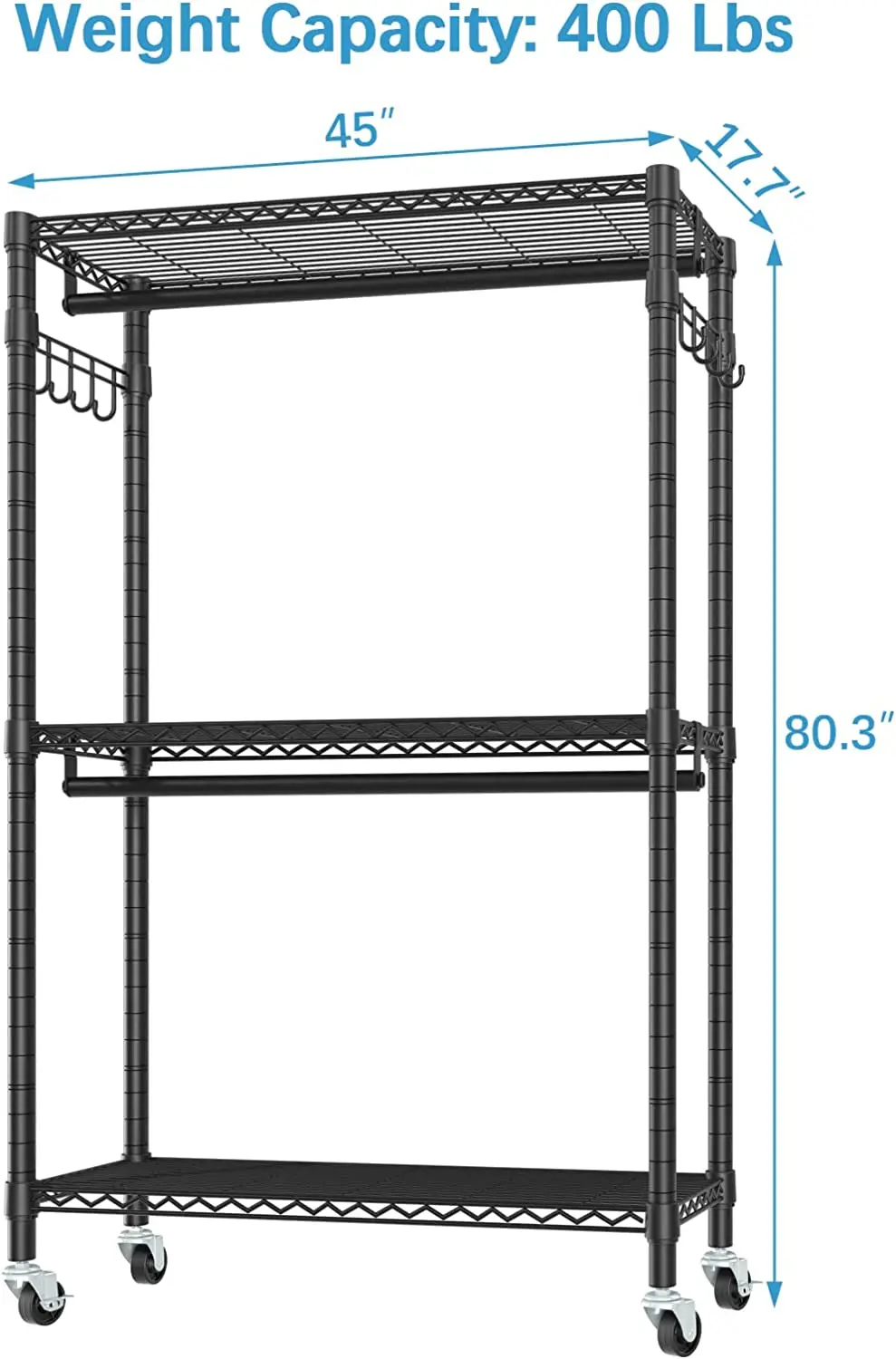 Heavy Duty Rolling Garment Rack 3 Tiers Adjustable Wire Shelving Clothes Rack with Double Rods and Lockable Wheels, Side Hooks