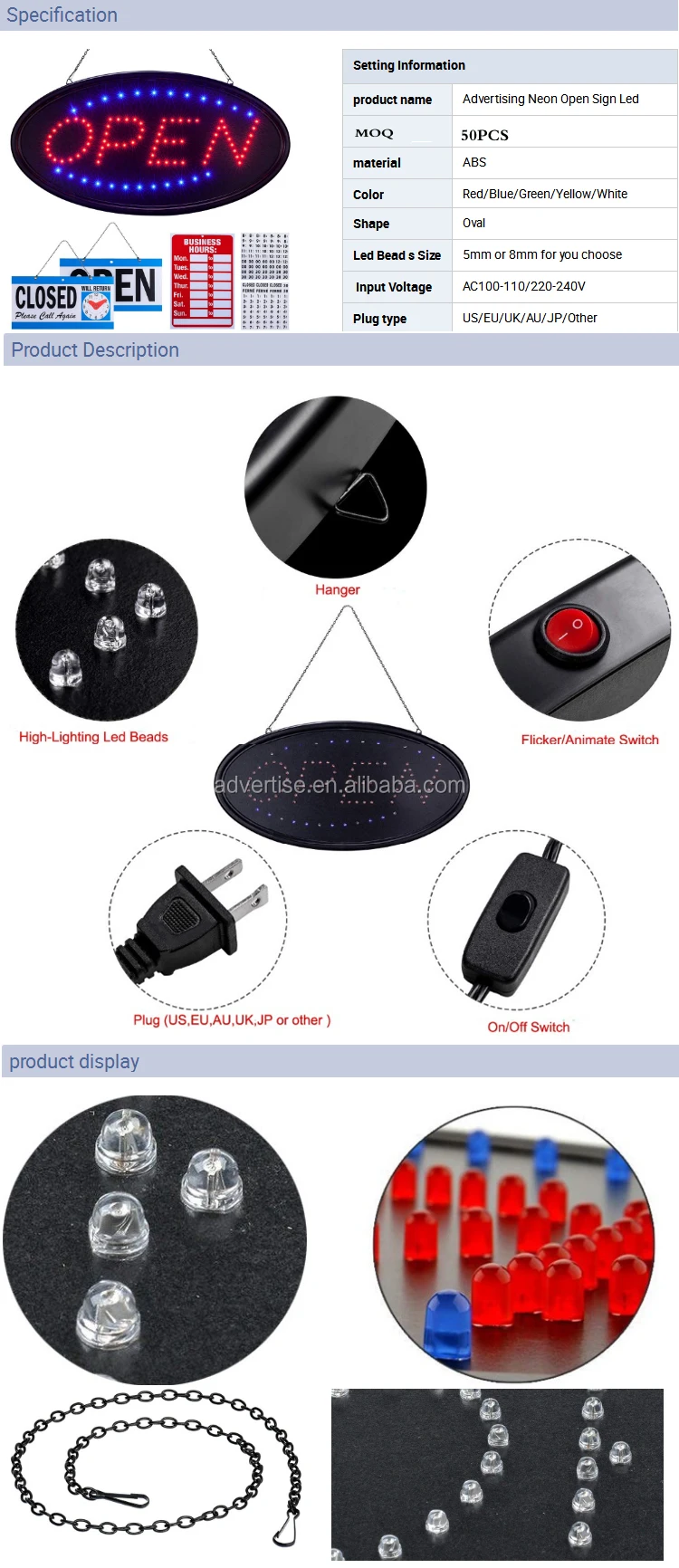 Manufacturer Led Advertising Board open flashing billboard door display sign and Luminous word billboard with open and closed