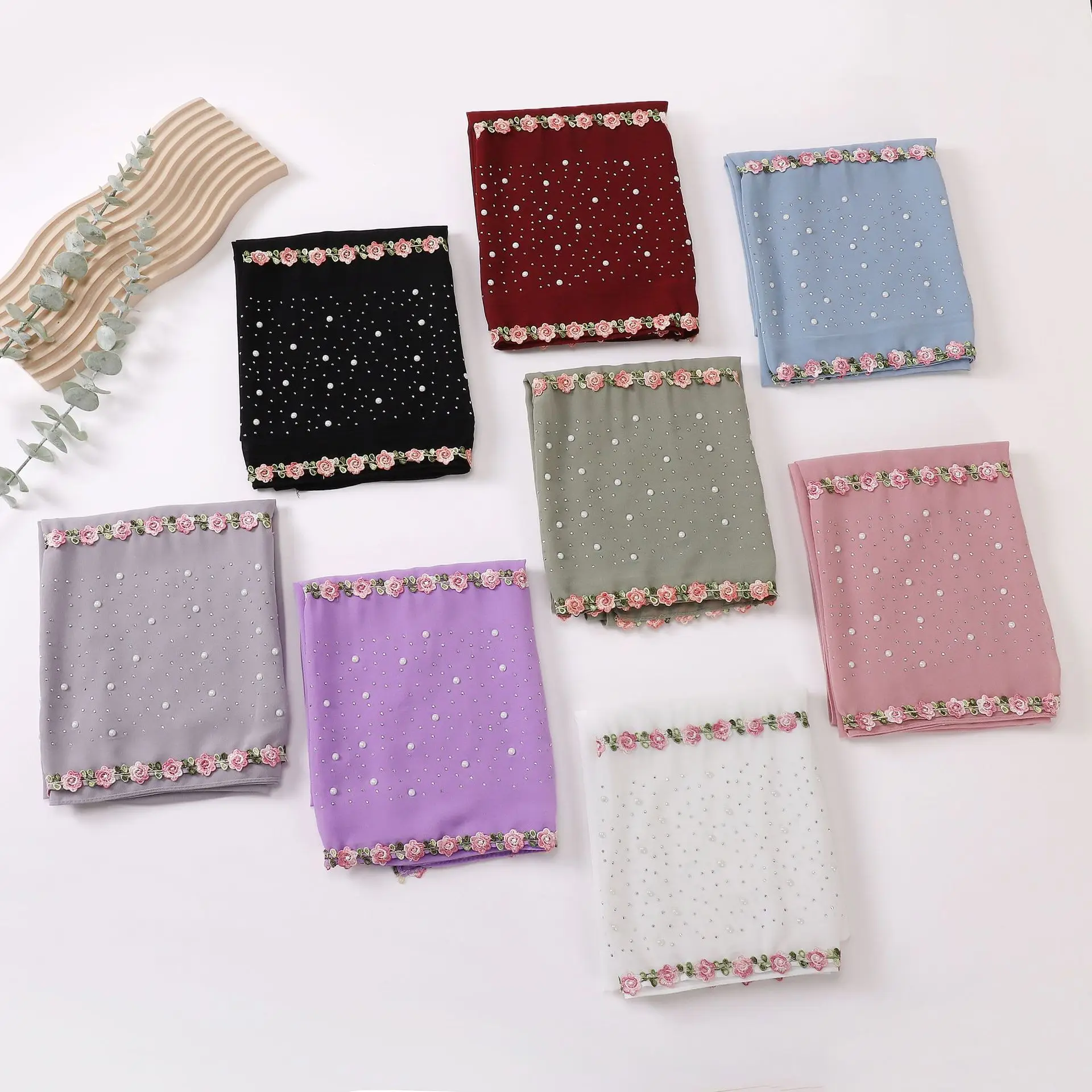 Factory Direct Sales Pastoral Style Lace Hui Gauze Scarf Ceramic Hot Drill Pearl Chiffon Long Scarf Middle East Malay Hijab