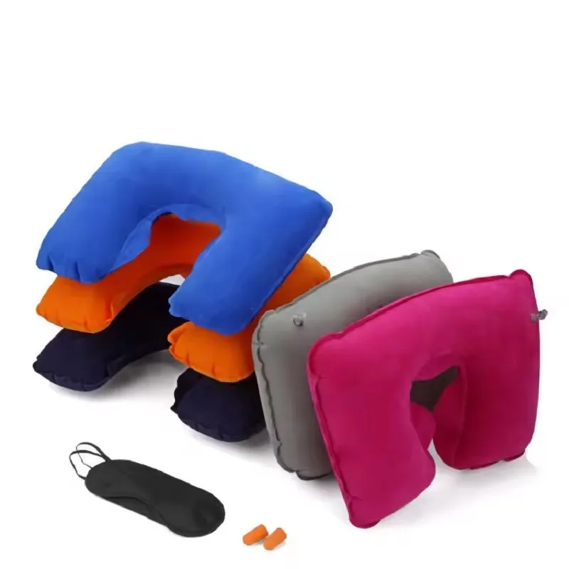 1 Set 3 in1 Travel U-shaped Pillow Flocking travel set Inflatable Neck Air Cushion Pillow Eyeshade with Ear Plug