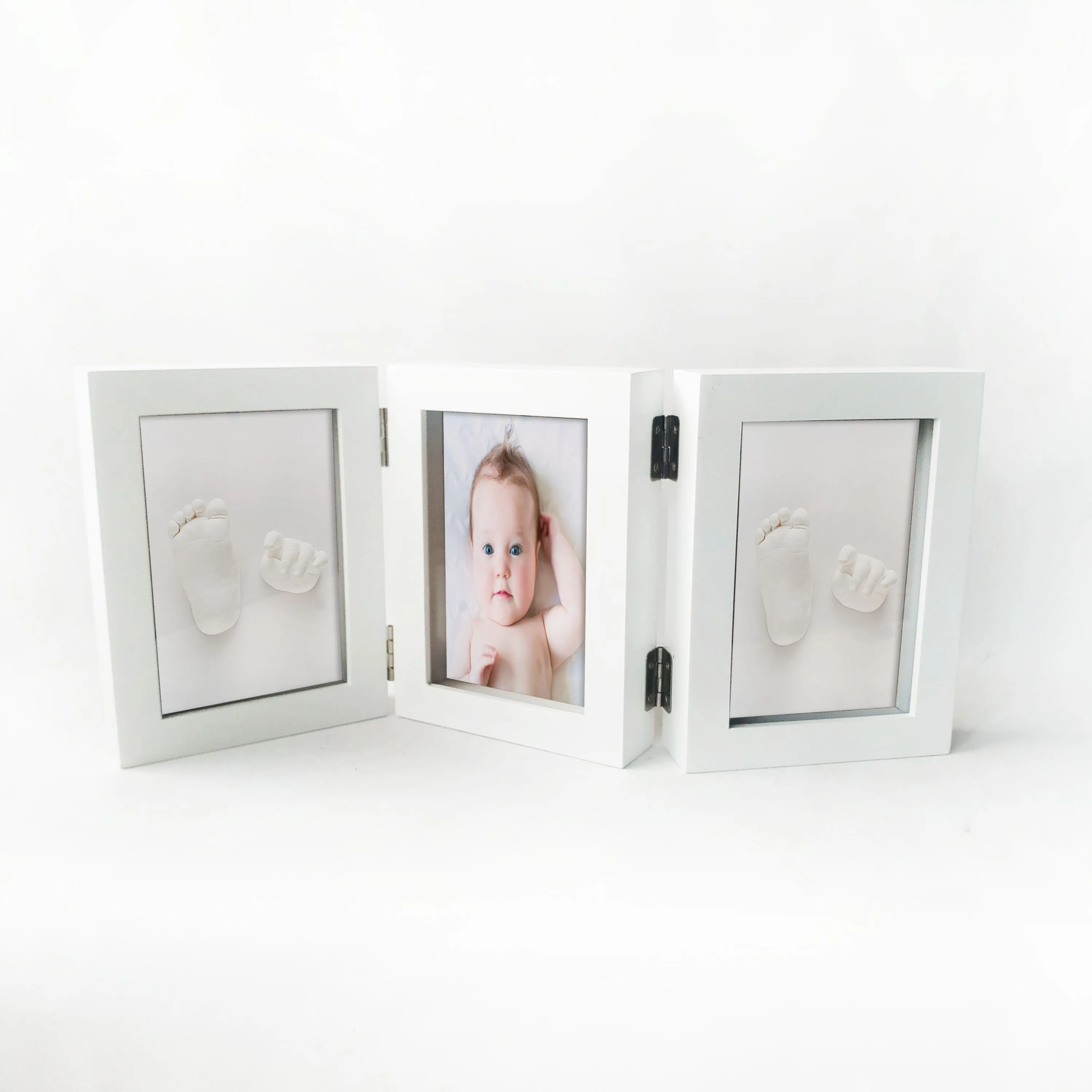 Baby hand and foot print photo frame handprint mud wholesale wooden tri-fold handprint set photo frame