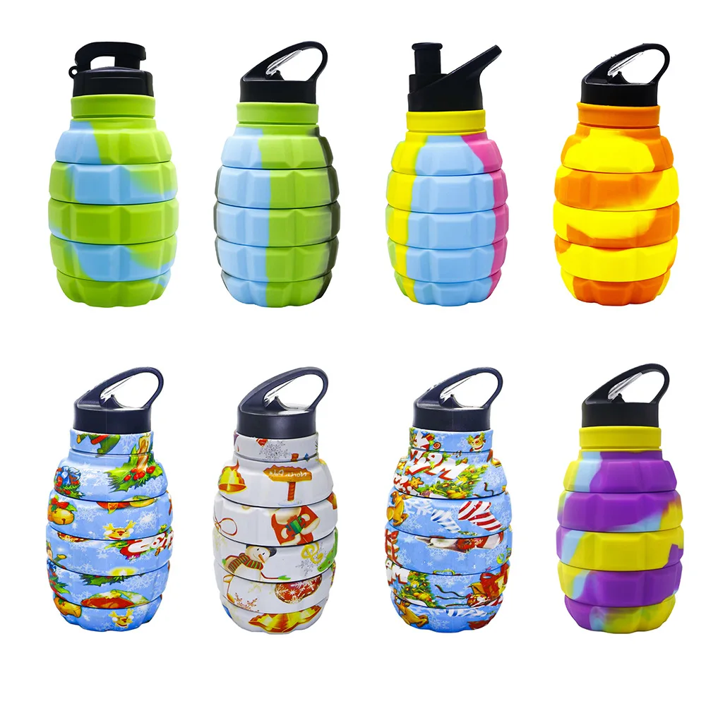 Outdoor 500ml Collapsible Hand Grenade Water Bottle Food Grade Silicone Biking Hiking Kettle Hook Mountaineering Buckle Cup