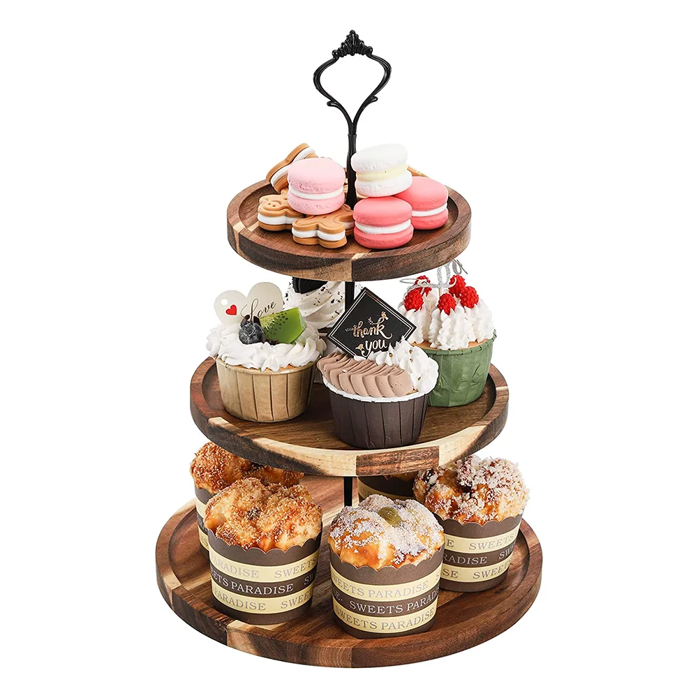 EU & US 3 Tier Acacia Wood Dessert  Cupcake Stand Serving Tray Cupcake Tower for Wedding
