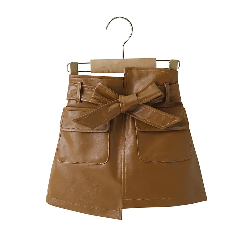 Fashion toddler girls leather skirt solid color boutique kids leather skirt with bow belt kids pu clothes
