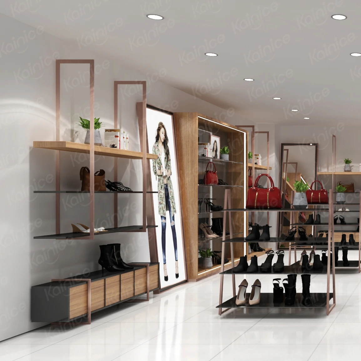 Kainice Store Fixtures Layout Design Shelf Shoe Stand For Display Retail Shelving Wall Mount Shoe Display Rack Handbag Display