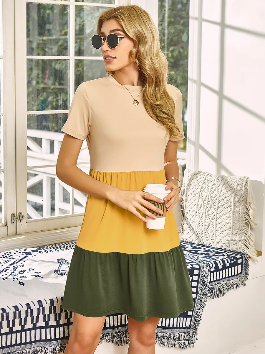 MOTE-ZC203 Wholesale Summer Dresses Women Casual Crew Neck Korean Knee Length Dress Color Block Office Dresses Women Formal Work