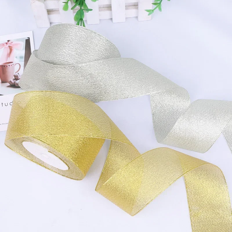 1.2cm 25 Yards/Roll Gold/Silver Glitter Organza Ribbon Width DIY Handicraft Accessories Tapes Wedding Cake Gift Decoration