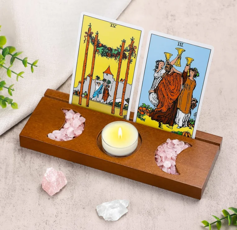 brown wooden Tarot Card Holder, Playing Deck Display Stand For Tarot With Triple Moon Phases Symbol